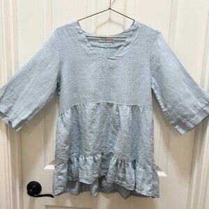 Laura Bianchi Women's 100% Linen Tunic Top Size S Blue Ruffle Bottom Cottagecore